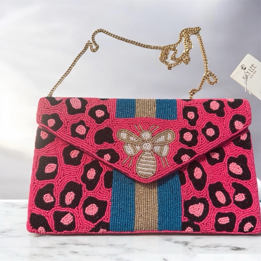 Kay Lee Elegant Beaded Bee Clutch with Gold Chain